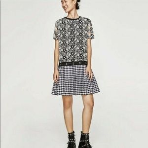 Zara Lace Short Sleeve Dress Gingham Skirt Sz M